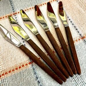 Set of 6 Vintage Butler England Butter Knives, Stainless Steel with Wood Handles